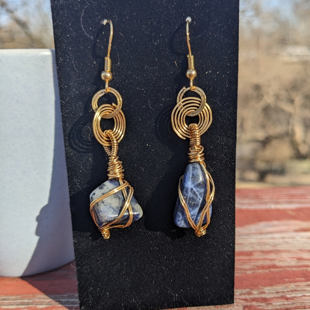 Sodalite Crystals Earrings Gold Hoops Wire Wrapped Handmade Crystals Gemstone - Picture 6 of 16
